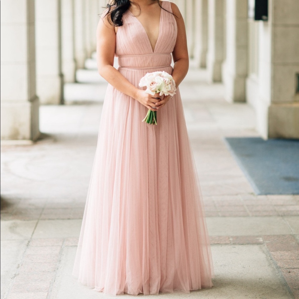 Blush pink BHLDN floor length bridesmaids dress